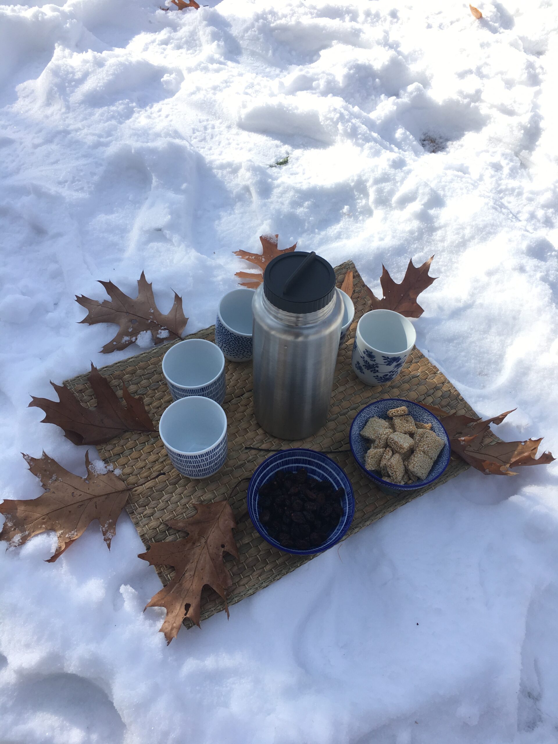 forest therapy tea including thermos of tea, cups, and snacks in bowls on a mat resting on a snowy forest floor, surrounded by oak leaves.